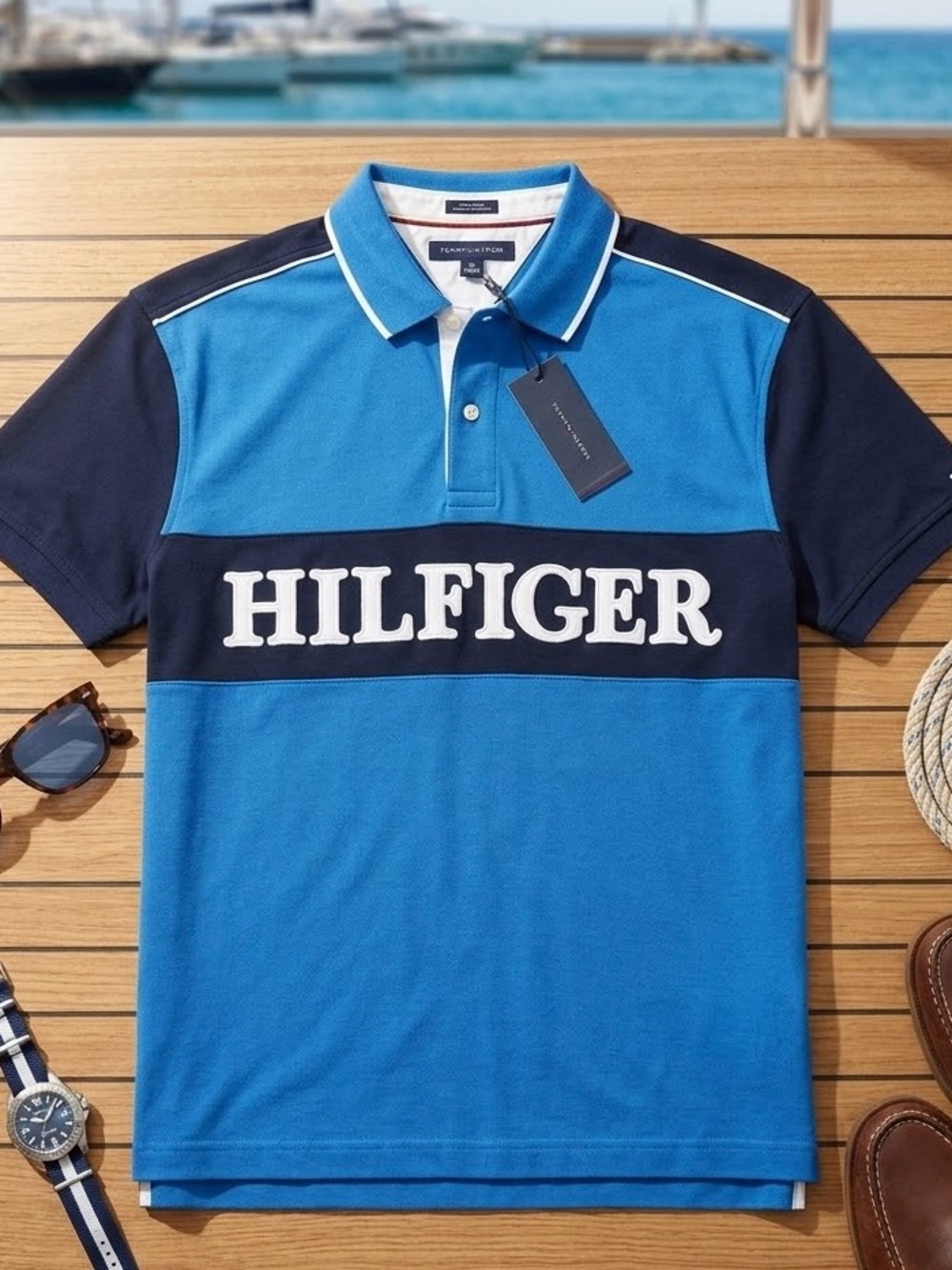 Tommy Hilfiger Blue Polo with Navy Chest Panel and White Logo